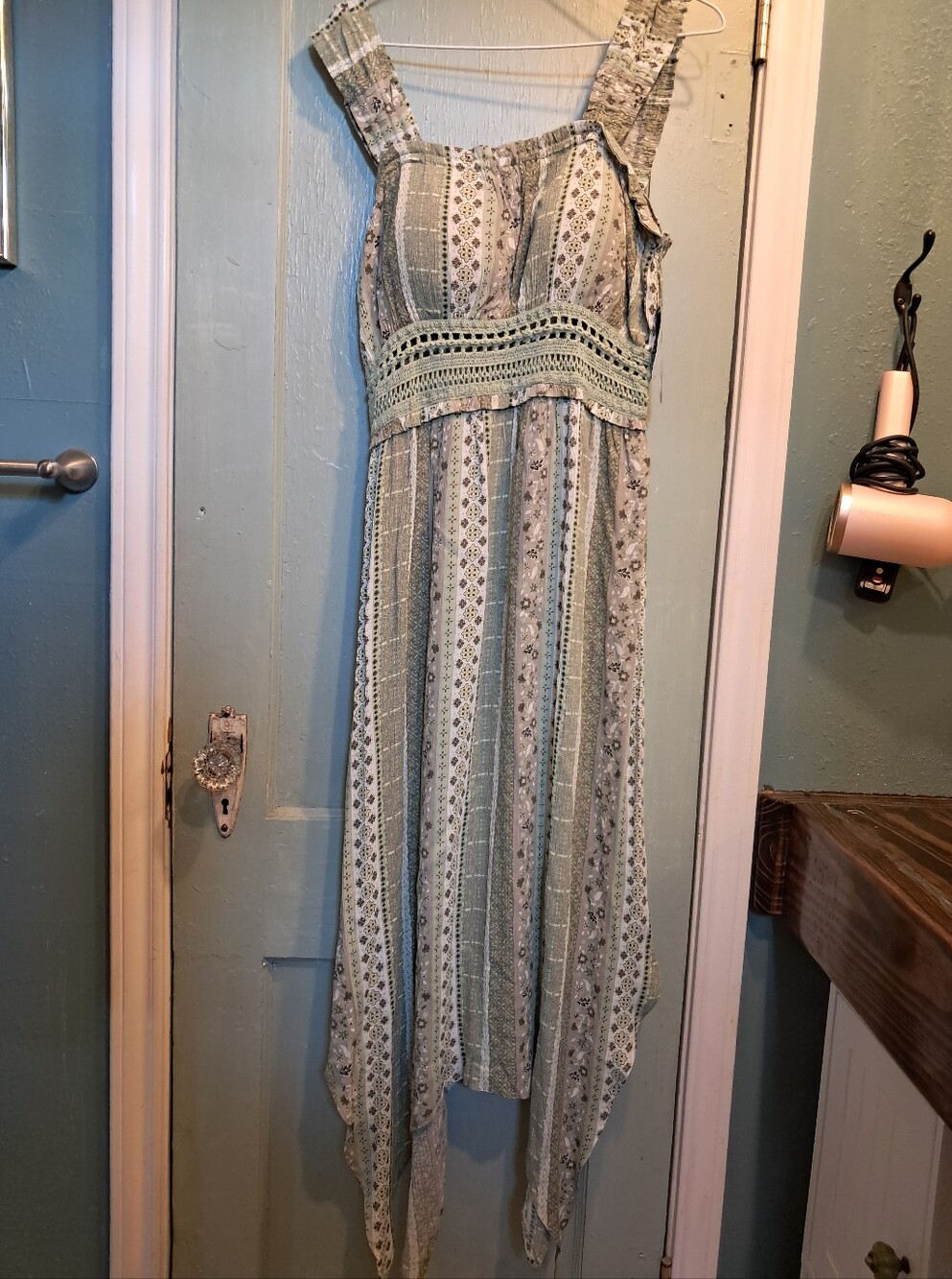 Derek Heart Sage and Cream Striped Asymmetrical Hem Dress